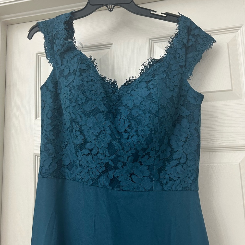 Belsoie couture NWT teal dress size 14 but runs like a 10 off the shoulder